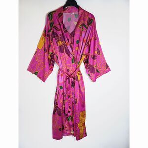 Natori Kimono Robe & Gown Asian Floral XL Belted Satin Pockets Pink Slip